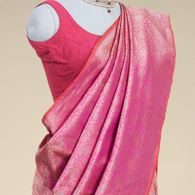 Pink  floral jacquard banaras silk saree with self intricate zari border