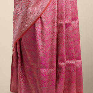 Pink  floral jacquard banaras silk saree with self intricate zari border