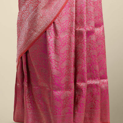 Pink  floral jacquard banaras silk saree with self intricate zari border