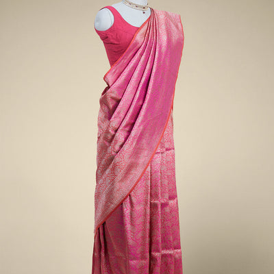 Pink  floral jacquard banaras silk saree with self intricate zari border