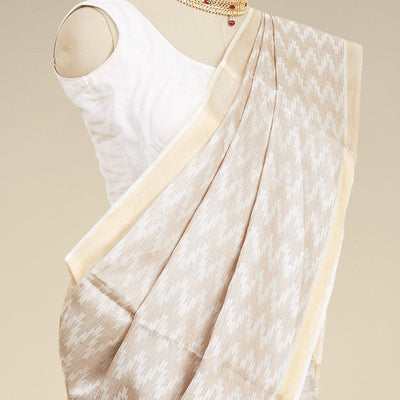 Cream zig zag striped design tusser silk saree with self zari border