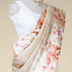 Sandal floral buttas tusser printed silk saree with contrast floral printed border