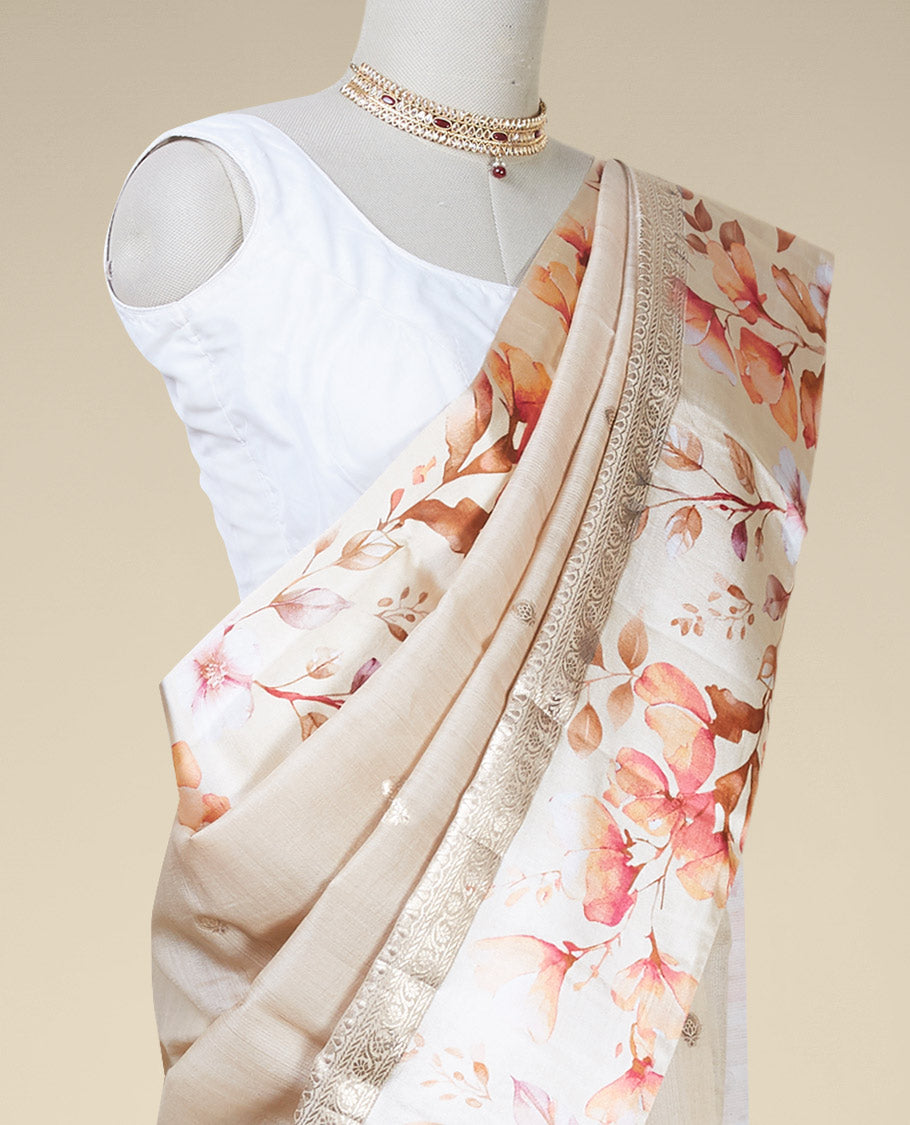 Sandal floral buttas tusser printed silk saree with contrast floral printed border