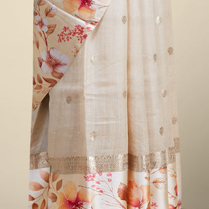 Sandal floral buttas tusser printed silk saree with contrast floral printed border