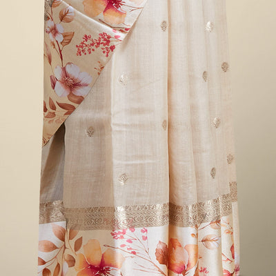Sandal floral buttas tusser printed silk saree with contrast floral printed border