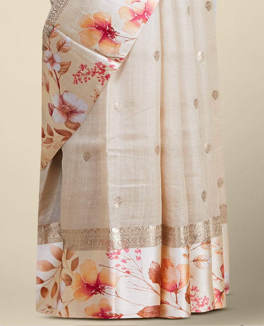 Sandal floral buttas tusser printed silk saree with contrast floral printed border