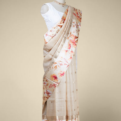 Sandal floral buttas tusser printed silk saree with contrast floral printed border