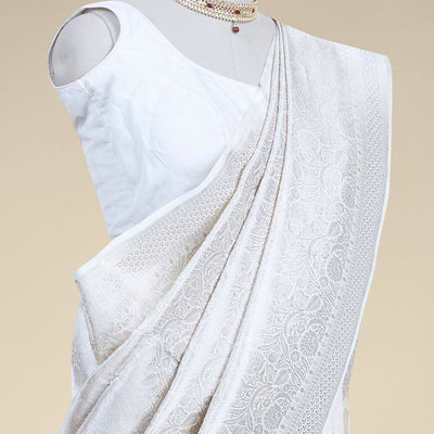 Cream floral jacquard banaras silk saree with self intricate zari border