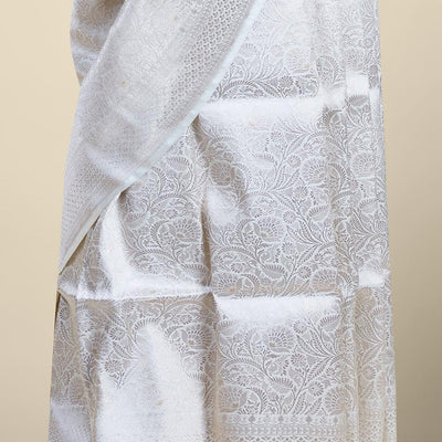 Cream floral jacquard banaras silk saree with self intricate zari border