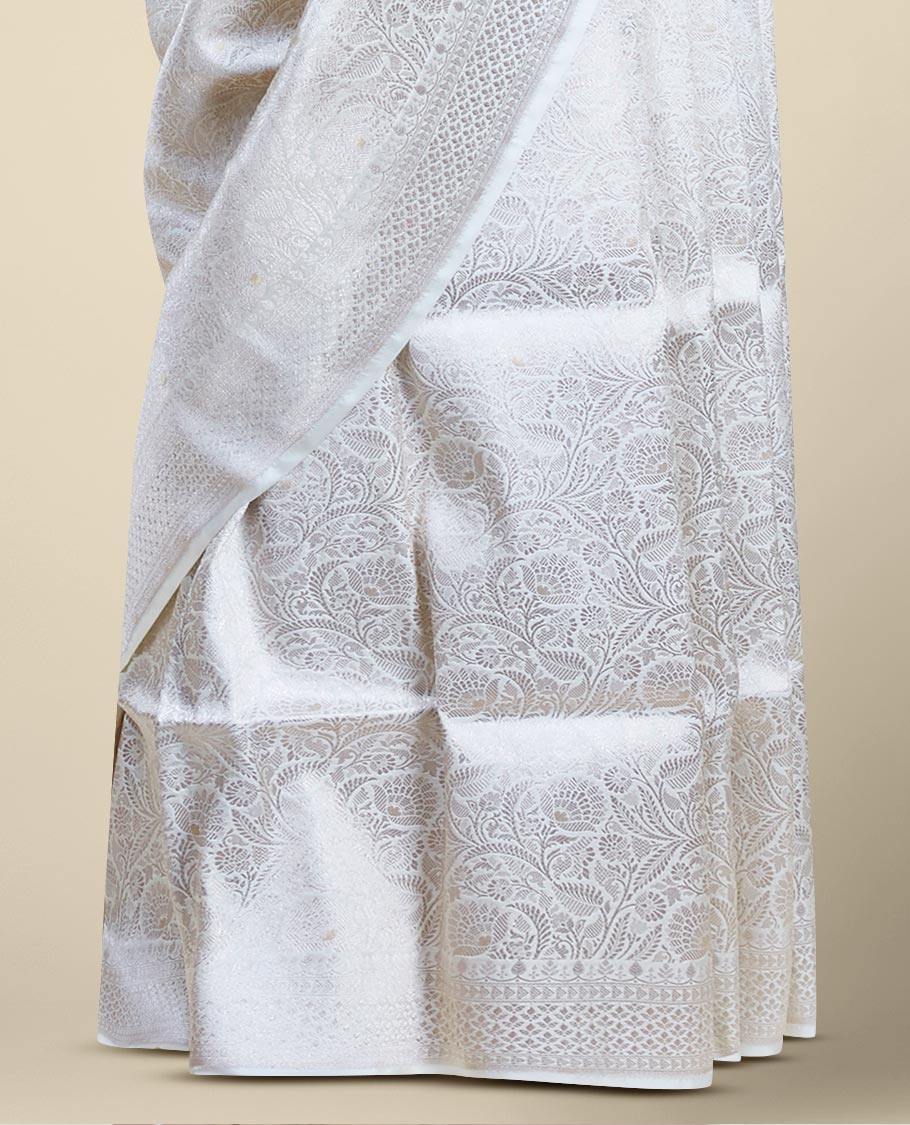 Cream floral jacquard banaras silk saree with self intricate zari border