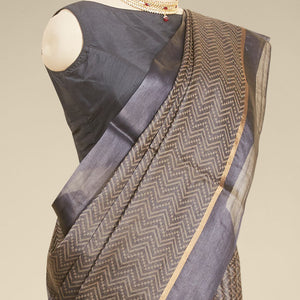 Black zig zag striped tusser silk saree with self zari border
