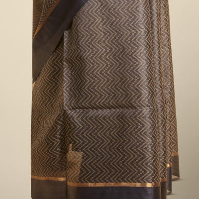 Black zig zag striped tusser silk saree with self zari border