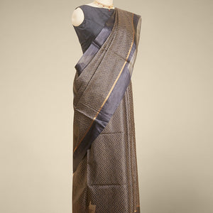 Black zig zag striped tusser silk saree with self zari border