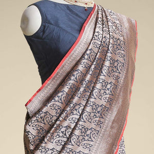 Black floral jacquard banaras silk saree with self intricate zari border