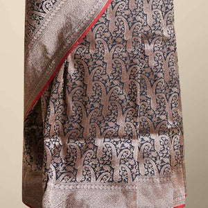 Black floral jacquard banaras silk saree with self intricate zari border
