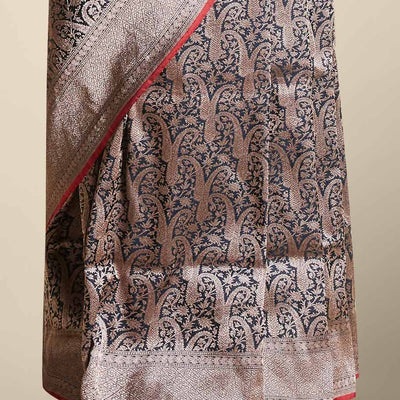 Black floral jacquard banaras silk saree with self intricate zari border