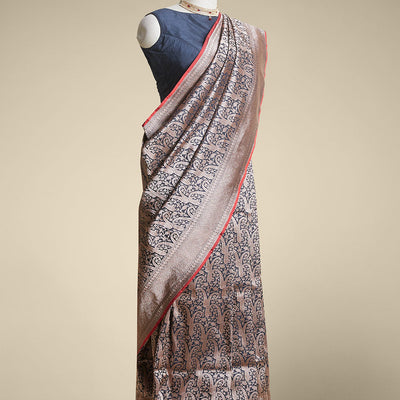Black floral jacquard banaras silk saree with self intricate zari border