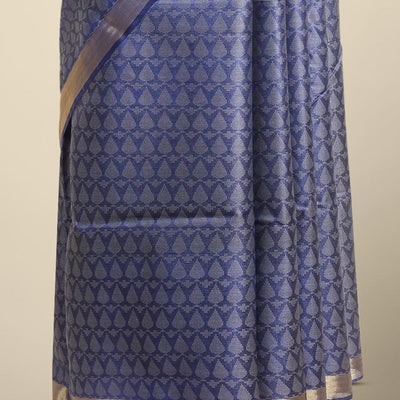 Blue leaf design tusser silk saree with self zari border