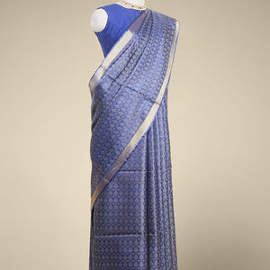 Blue leaf design tusser silk saree with self zari border