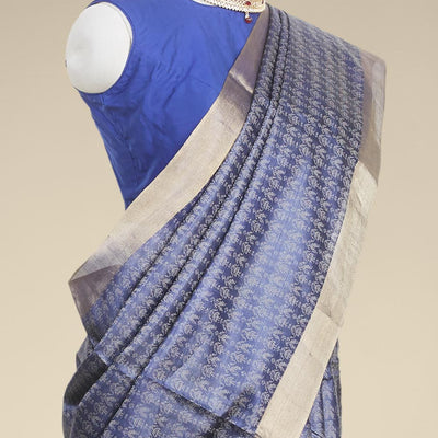 Blue  intricate zari design tusser silk saree with self-zari border