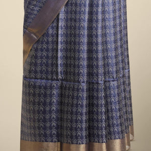 Blue  intricate zari design tusser silk saree with self-zari border