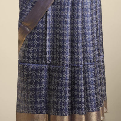 Blue  intricate zari design tusser silk saree with self-zari border