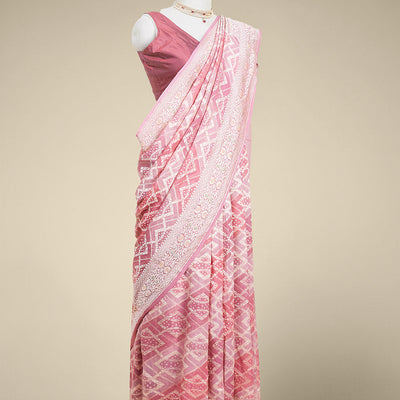 Maroon geometric jacquard banaras crepe saree with self floral zari border