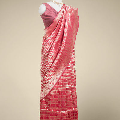 maroon striped zari design kathan silk saree with self floral border
