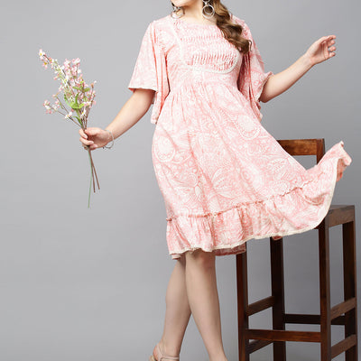 Ethnic Printed A-Line Flared Midi Dress - Light Pink