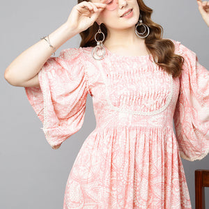 Ethnic Printed A-Line Flared Midi Dress - Light Pink