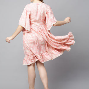 Ethnic Printed A-Line Flared Midi Dress - Light Pink