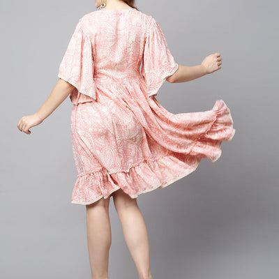 Ethnic Printed A-Line Flared Midi Dress - Light Pink