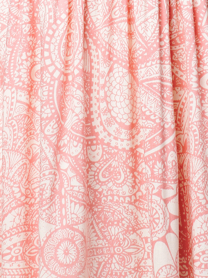 Ethnic Printed A-Line Flared Midi Dress - Light Pink