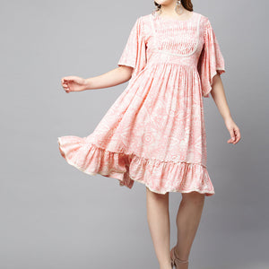 Ethnic Printed A-Line Flared Midi Dress - Light Pink