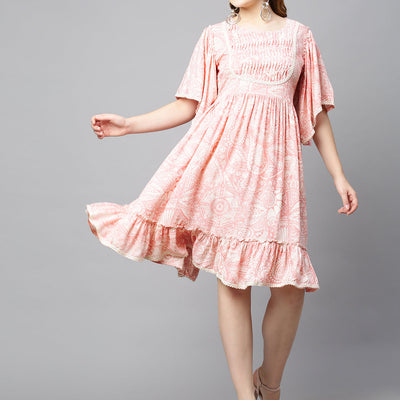 Ethnic Printed A-Line Flared Midi Dress - Light Pink
