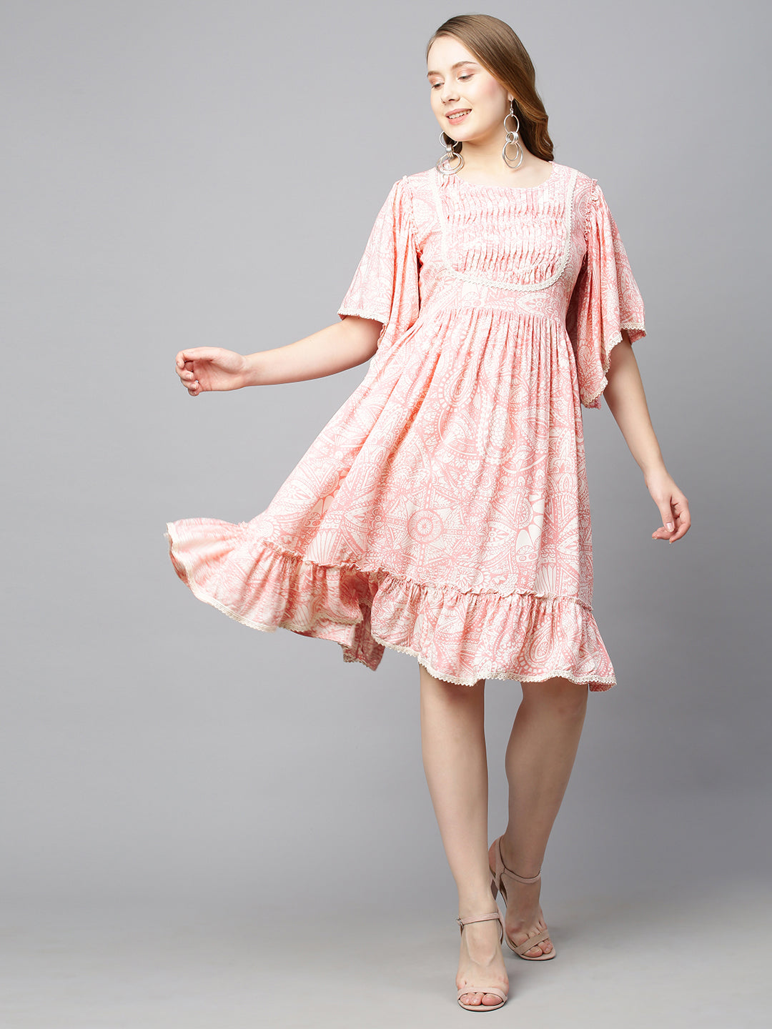 Ethnic Printed A-Line Flared Midi Dress - Light Pink