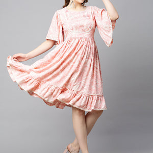 Ethnic Printed A-Line Flared Midi Dress - Light Pink