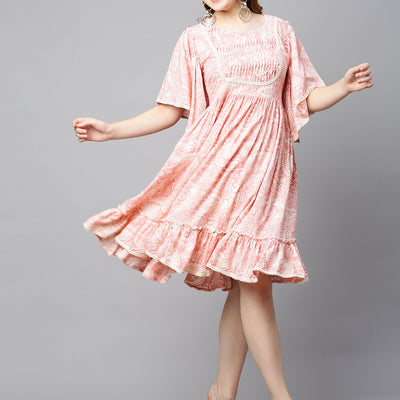 Ethnic Printed A-Line Flared Midi Dress - Light Pink