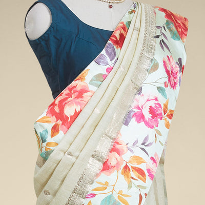 Sandal floral buttas tusser printed silk saree with contrast floral printed border
