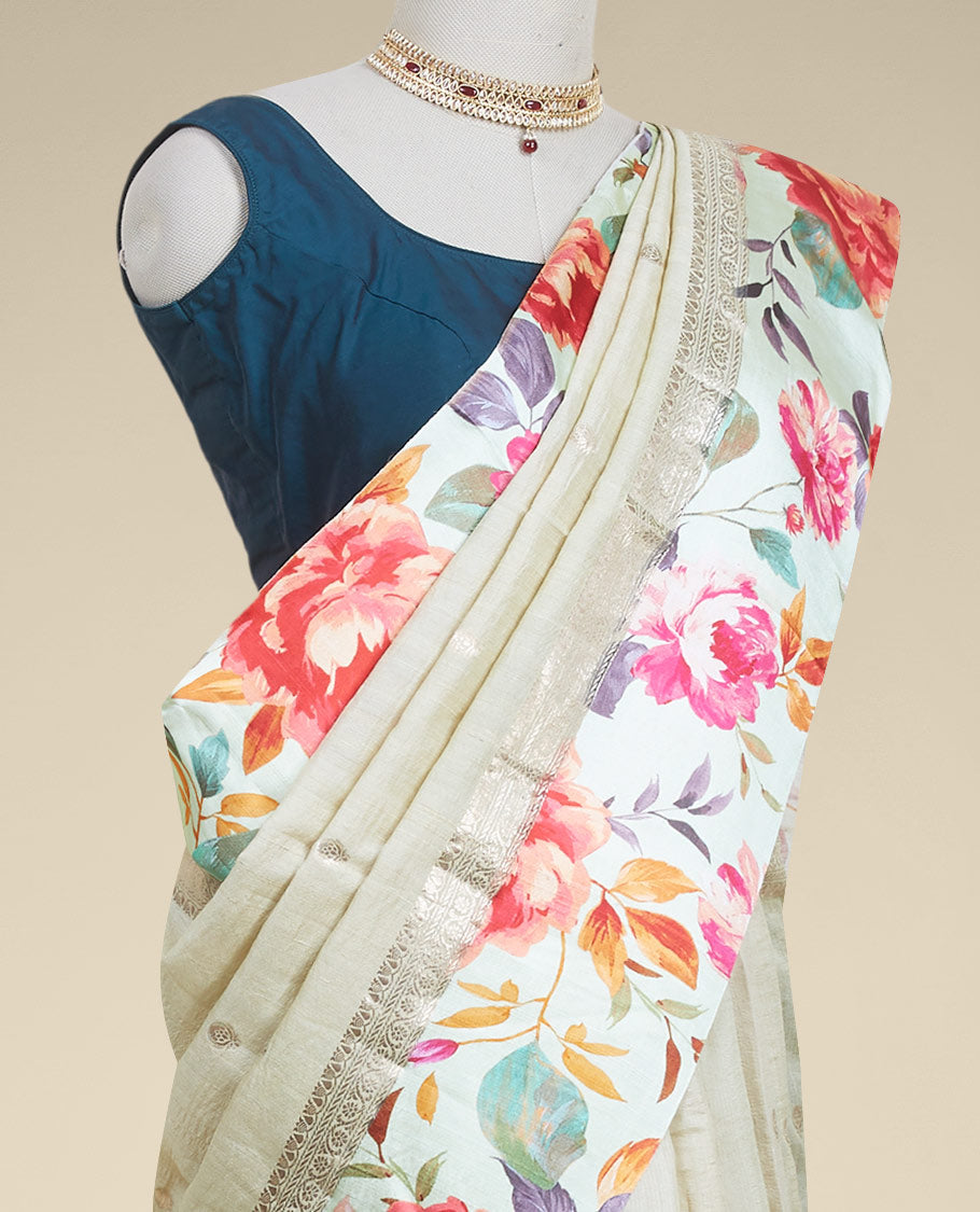 Sandal floral buttas tusser printed silk saree with contrast floral printed border