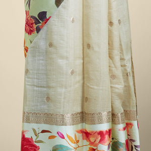 Sandal floral buttas tusser printed silk saree with contrast floral printed border