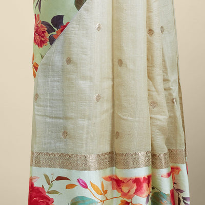 Sandal floral buttas tusser printed silk saree with contrast floral printed border