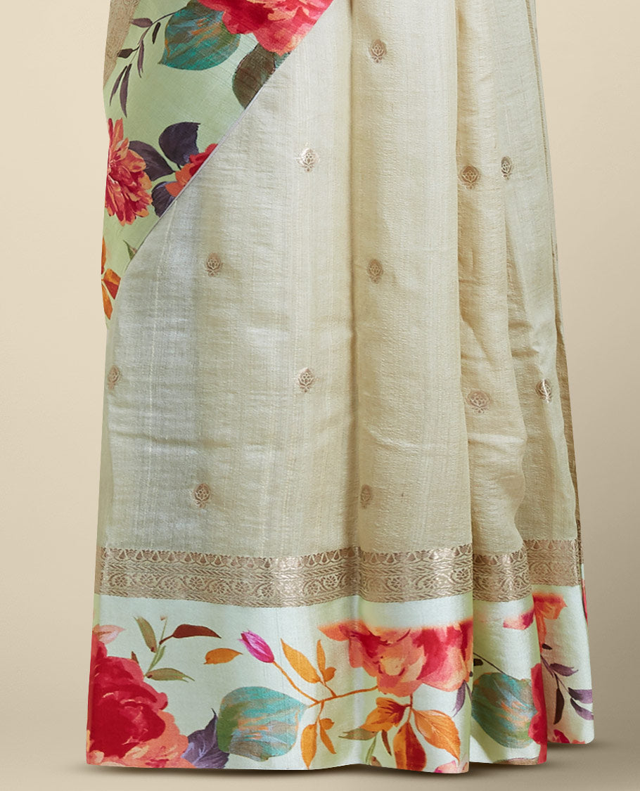 Sandal floral buttas tusser printed silk saree with contrast floral printed border