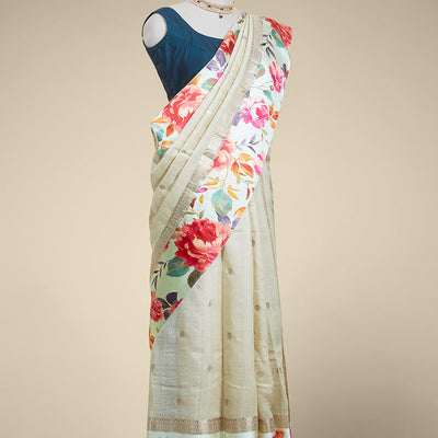 Sandal floral buttas tusser printed silk saree with contrast floral printed border