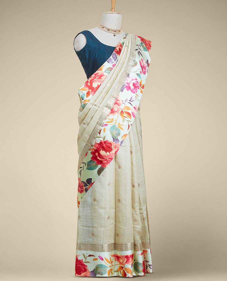 Sandal floral buttas tusser printed silk saree with contrast floral printed border