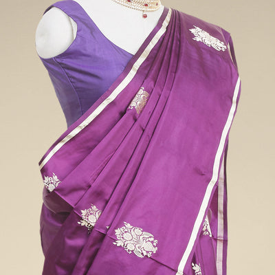 Purple floral buttas kathan silk saree with self zari border