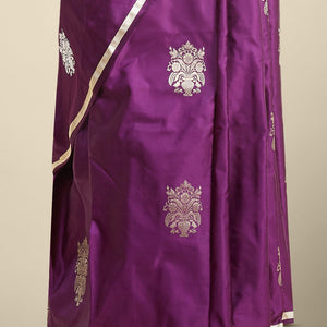 Purple floral buttas kathan silk saree with self zari border