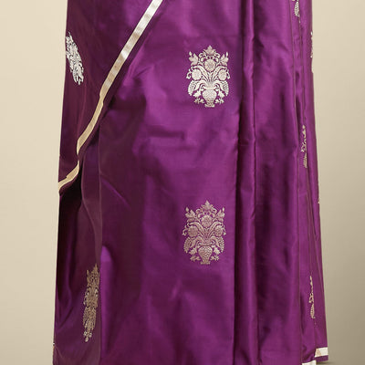 Purple floral buttas kathan silk saree with self zari border