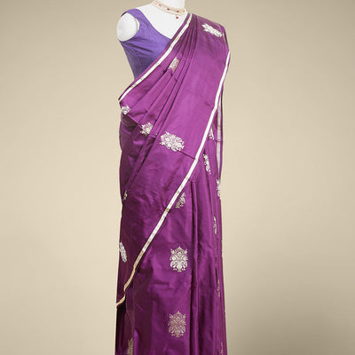 Purple floral buttas kathan silk saree with self zari border