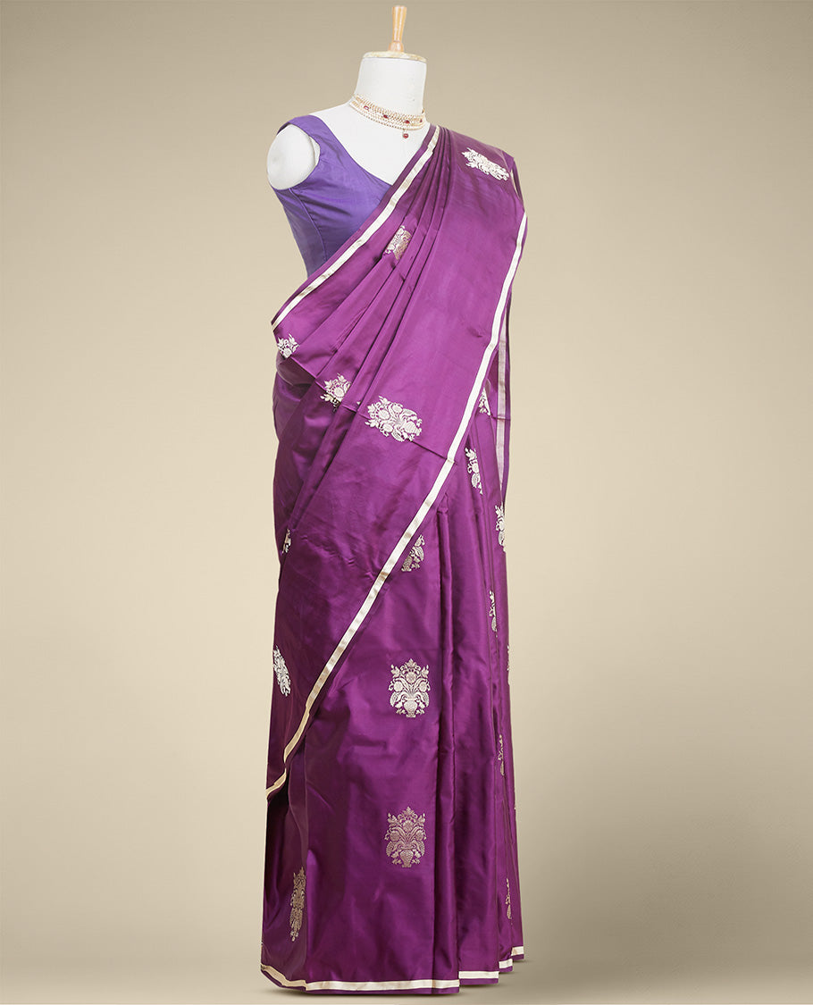 Purple floral buttas kathan silk saree with self zari border